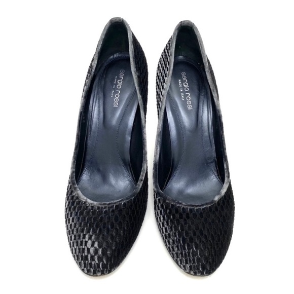 SERGIO Rossi Embossed Velvet Round Toe High Heel  Pumps In Dark Gray - Picture 2 of 11